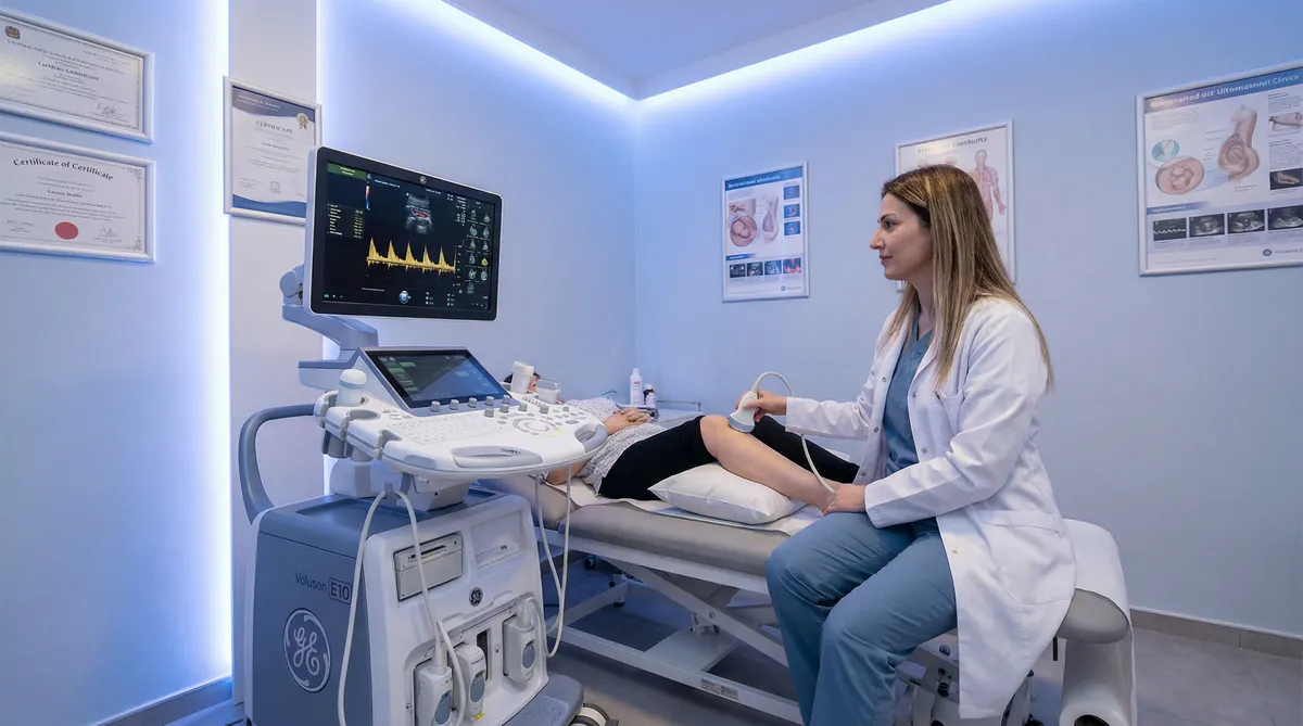 Sonographer performing a venous reflux duplex Doppler ultrasound-scan on a patient's leg at Sonoworld London