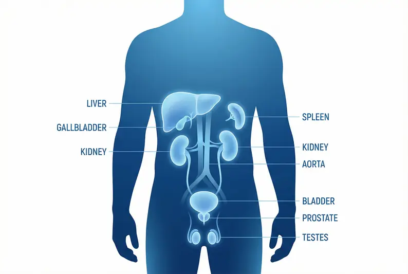 Diagram showing organs assessed during the Well Man ultrasound-scan: liver, gallbladder, spleen, kidneys, aorta, bladder, prostate and testes