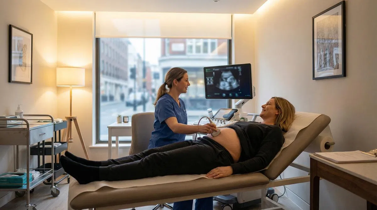 Woman receiving a private ultrasound scan in a modern clinic