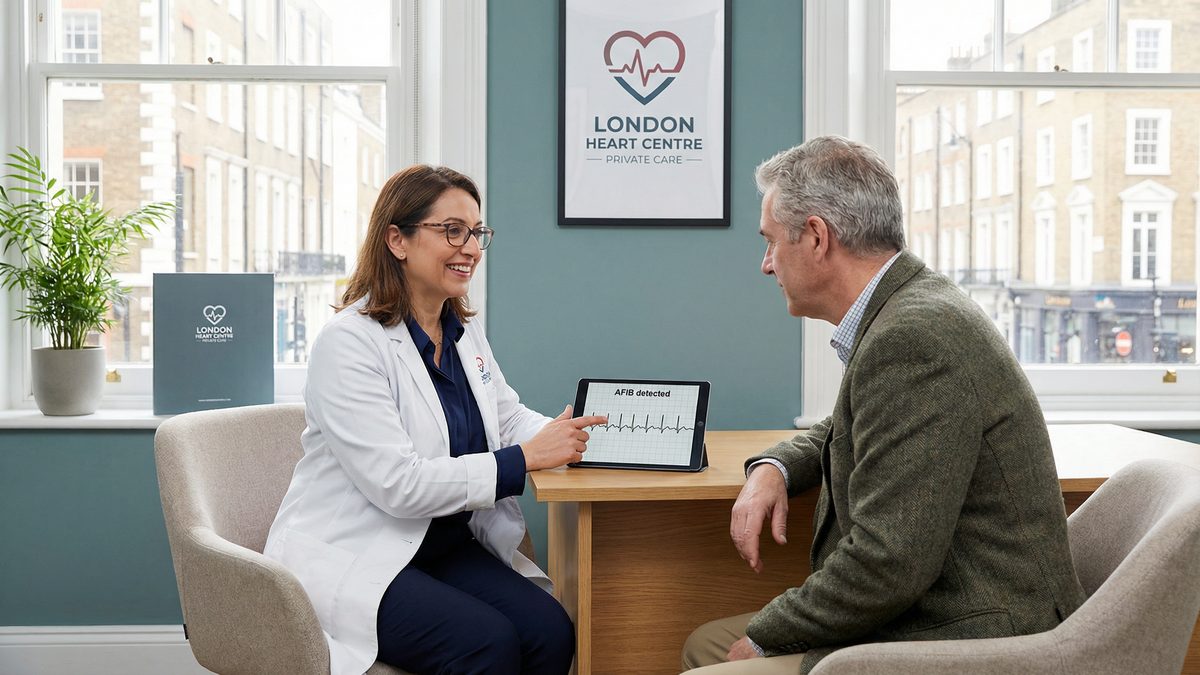 Cardiologist discussing atrial fibrillation diagnosis with a patient