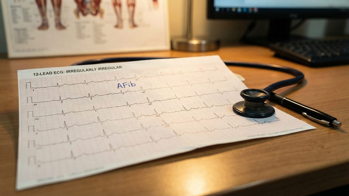 12-lead ECG printout showing classic atrial fibrillation pattern