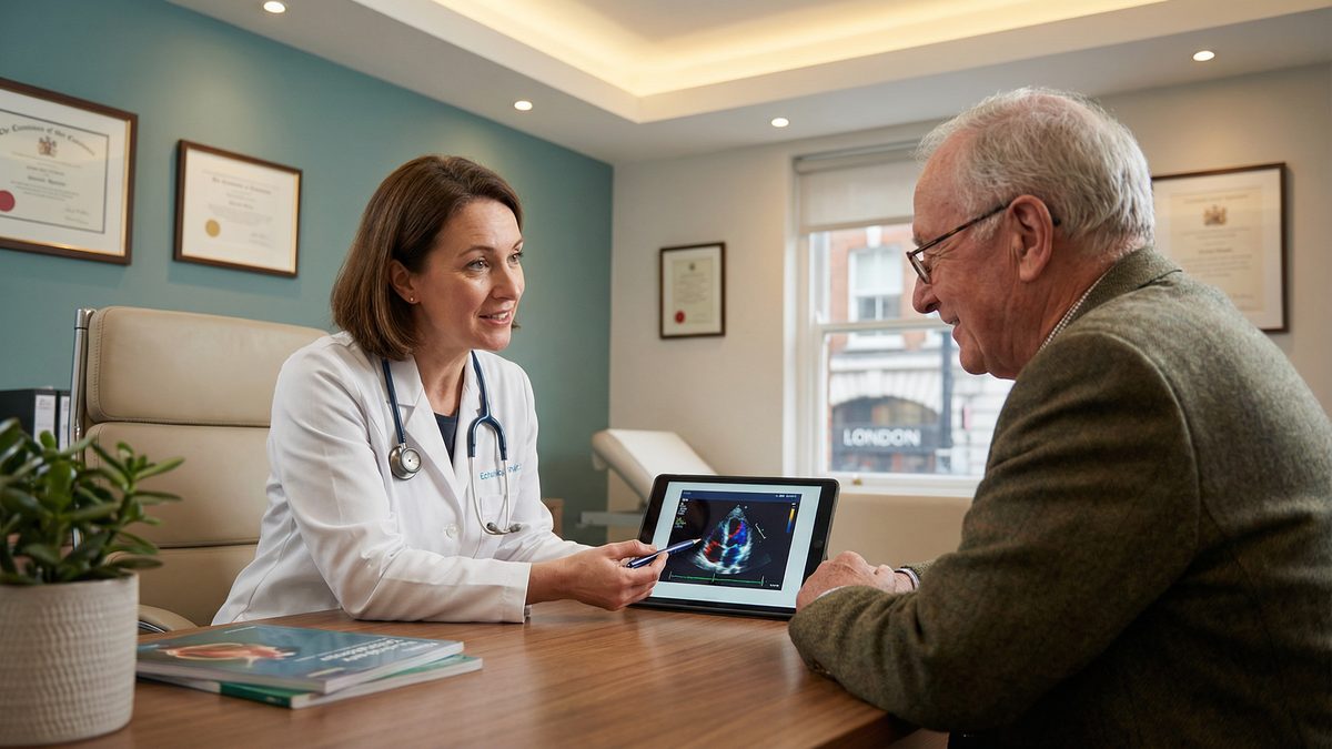 Cardiologist explaining echocardiogram results to a patient