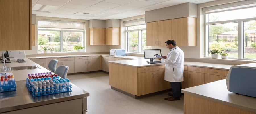 Doctor reviewing blood test results in a modern clinical laboratory setting