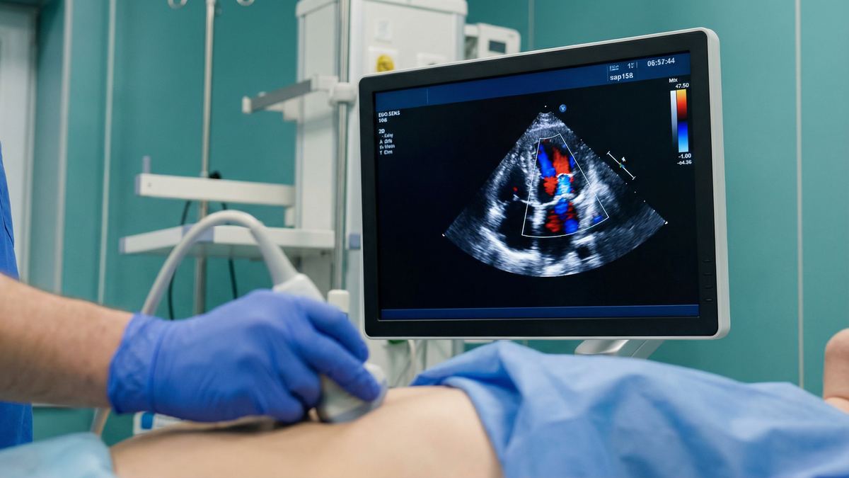 Close up of an echocardiogram ultrasound scan monitor showing the heart chambers and colour Doppler flow