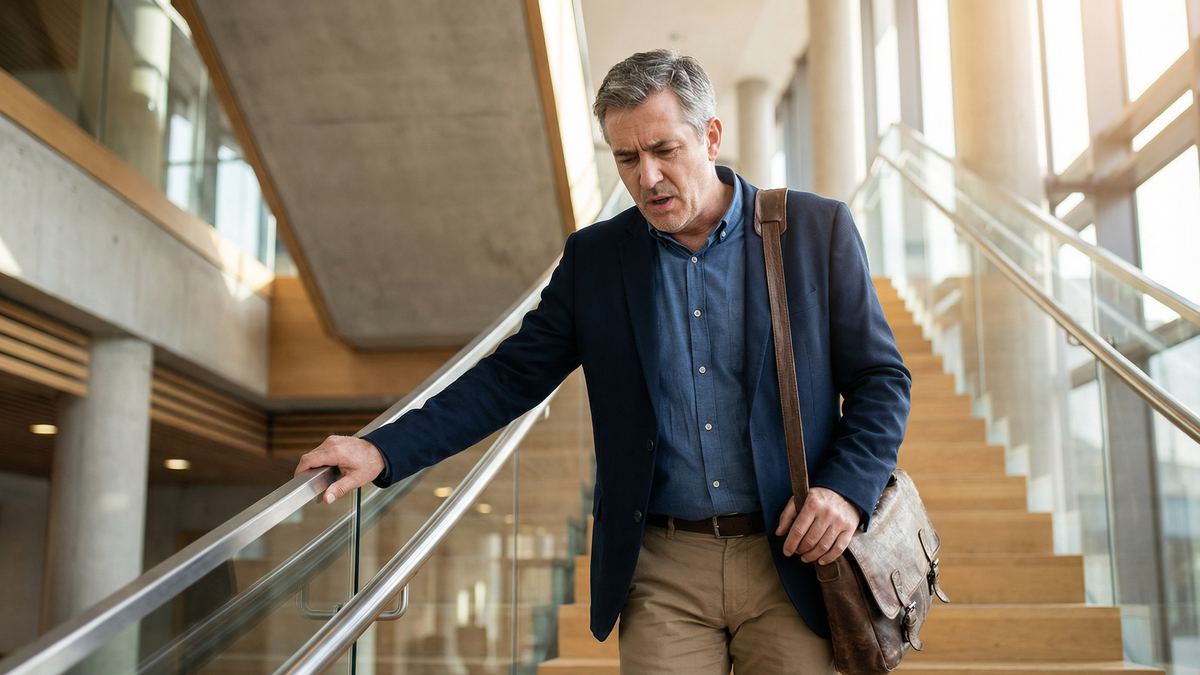 A man pausing on the stairs experiencing breathlessness on exertion