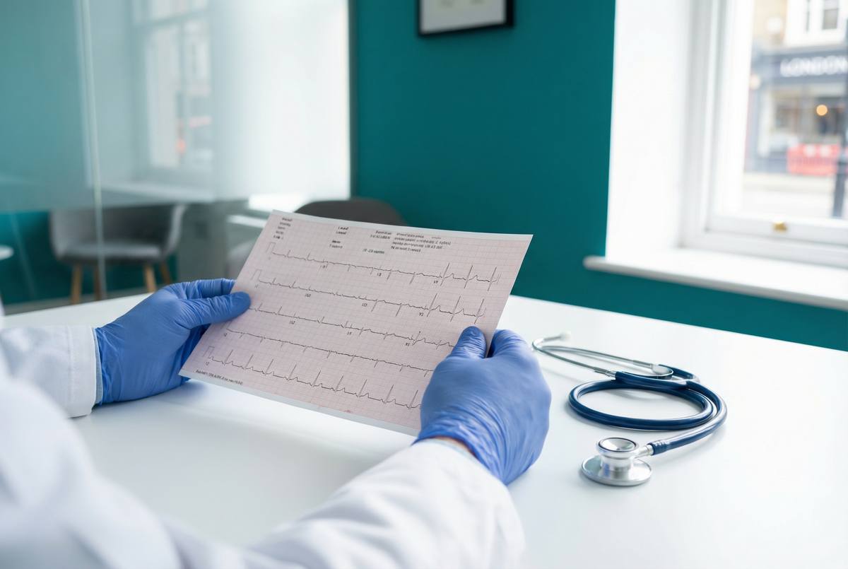 Doctor reviewing an ECG printout in a private London cardiology clinic