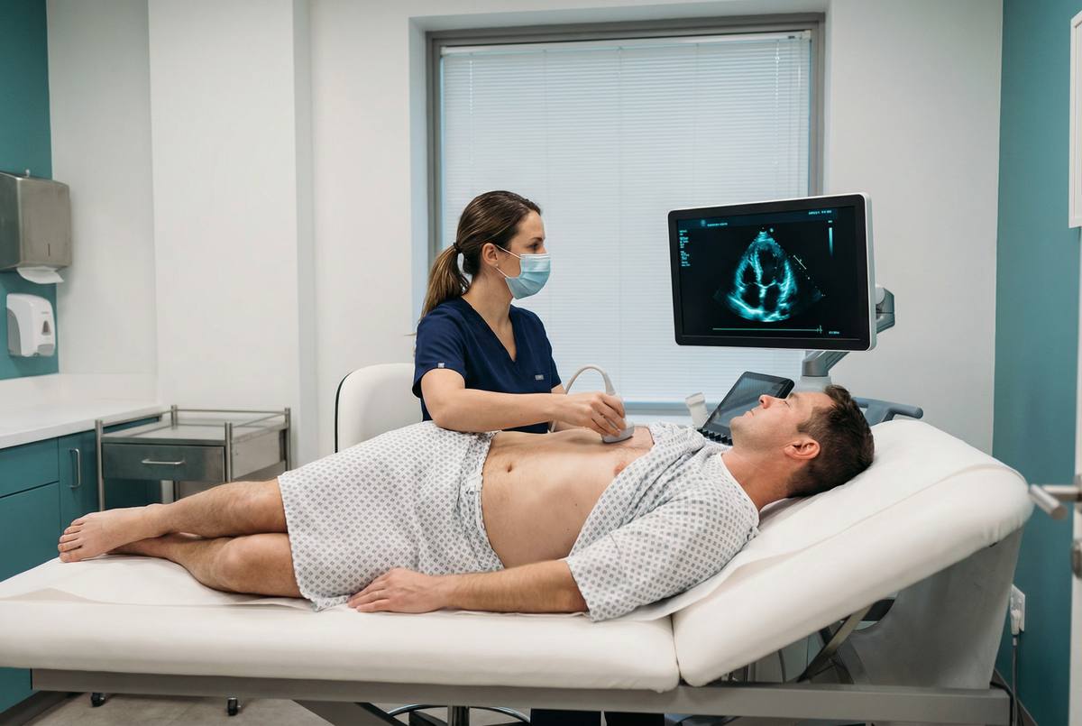 Sonographer performing a transthoracic echocardiogram on a patient