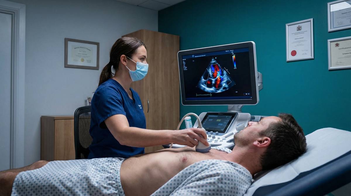 Consultant sonographer performing a cardiac screening echocardiogram at Sonoworld London
