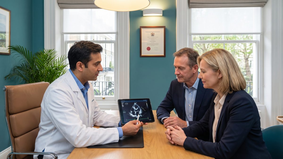 Cardiologist explaining echocardiogram results to a patient couple