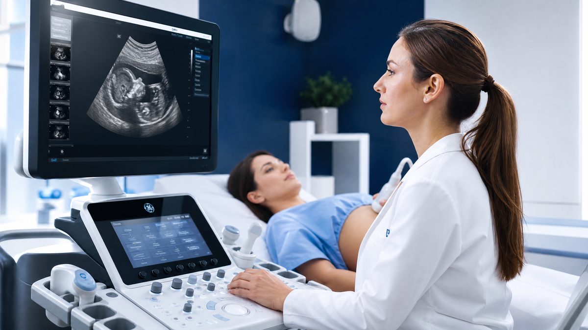 Sonographer using GE ultrasound machine at Sonoworld private clinic in London