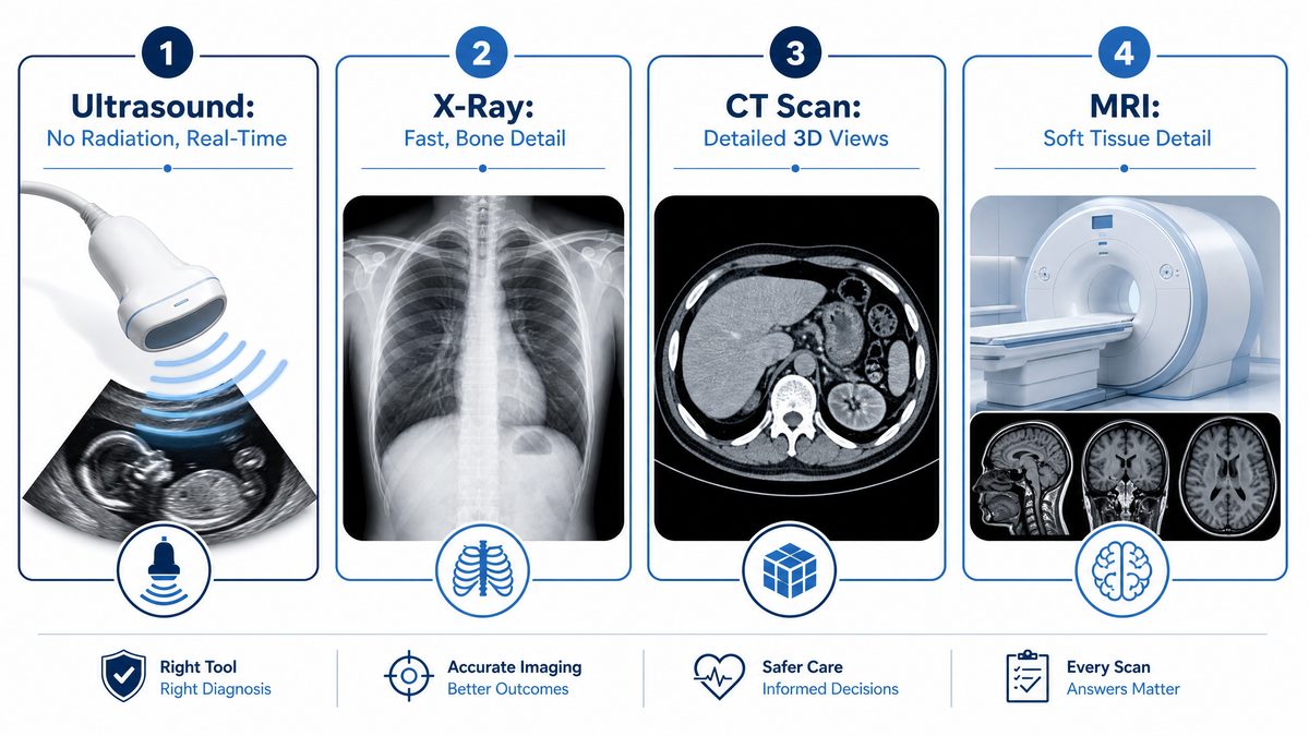 Comparison of four diagnostic imaging modalities: ultrasound, X-ray, CT scan and MRI